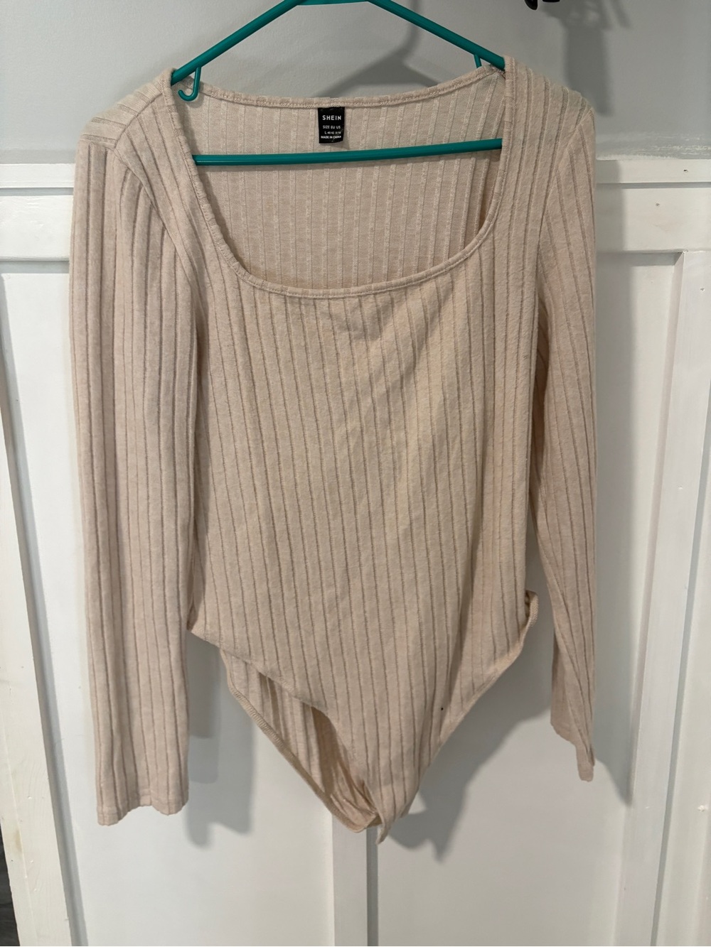 SHEIN Ribbed Long Sleeve Scoop Neck Bodysuit in Light Beige